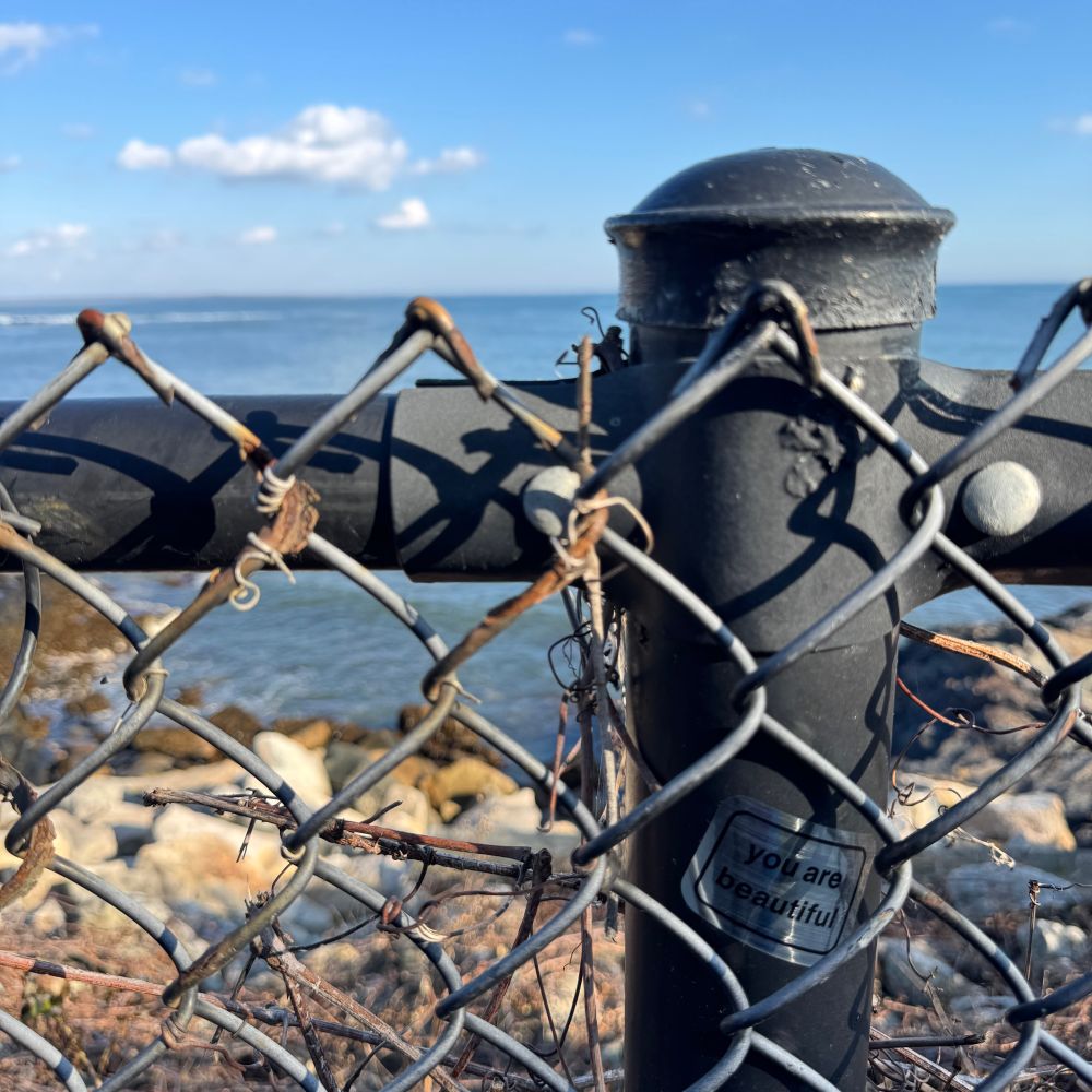 a view of the atlantic ovean behind a chain link fence. a sticker on the fence post reads "you are beautiful"