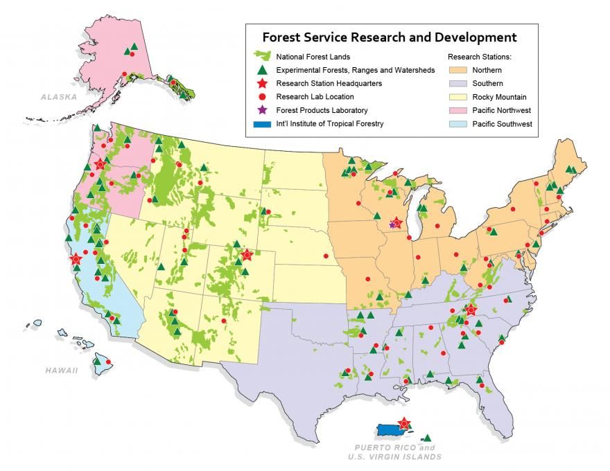 Map of the United States showing Forest Service research lab locations as well as experimental forests and other offices.