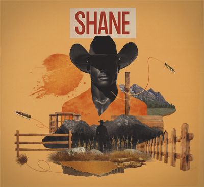 Poster for the play "Shane" at the Oregon Shakespeare Festival. Poster shows a Black cowboy with shadows covering his eyes looming above a montage of fences, bullets, and mountains.