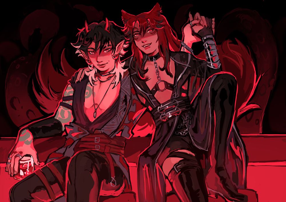 Art of Ais and Vere from the visual novel Touchstarved. They are at the bar, with Ais sitting on a chair on the left and Vere sitting on the counter on the right (from the viewer’s perspective). They are both smirking, Vere is baring his sharp teeth. Ais has a glass with a red drink in his right hand and is holding Vere’s hand up with his left. Vere has a hand around Ais’s shoulder and is leaning on him, his tail behind them. The background is dark and red tentacles are barely visible. There is red light coming from underneath the characters. 