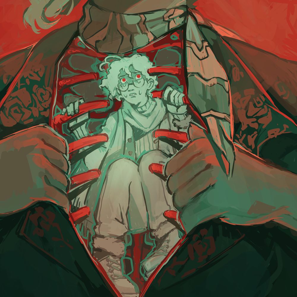 Digital art in green and red hues. Hands are opening up a dark shirt with flowers on its collar to reveal a red ribcage. Inside sits a curly haired boy in warm clothes. There are tears on his face and he looks scared.  