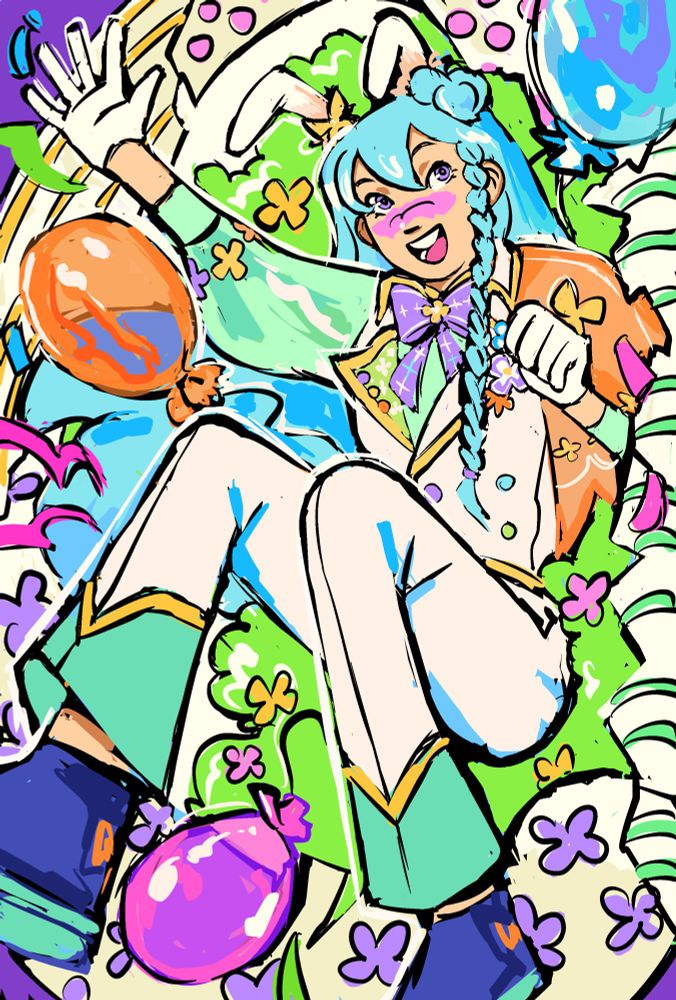 Art of Wataru Hibiki in his Puffy Bunny outfit. He's jumping out of a painted egg with a puff of green effects, balloons and confetti.