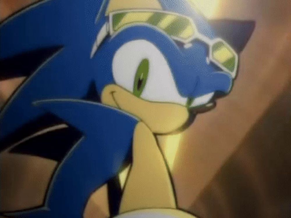 a close up of sonic the hedgehog wearing sunglasses .