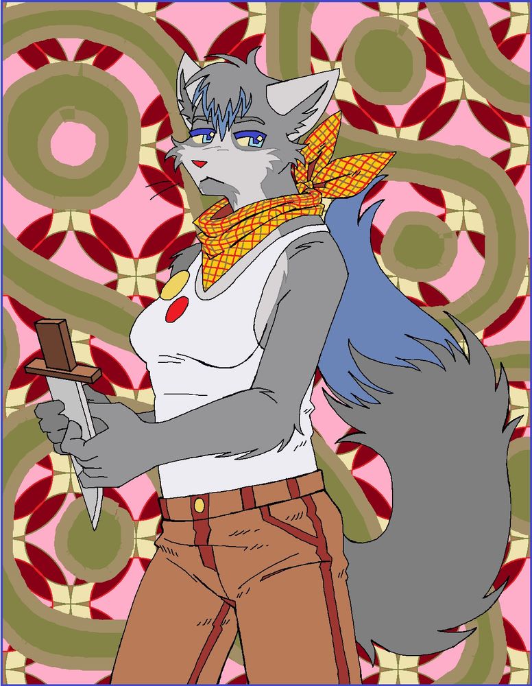 anthropomorphic glamfur inspired oc in front of abstract pattern background. she is a gray cat with pale gray or white "underside" and a blue fringe and tail tip. wears a stark white tank top, brown pants and a yellow bandana in tattersall patterned fabric. the bandana is worn around the neck in typical style associated with sparkledog/cat/fur art on youtube and deviantart in the late 2000's - early 2010's. the cat's body is facing 3/4 angle to the left. she is holding a knife by the blade, carefully between her fingertips with both hands, and she is looking to the right.