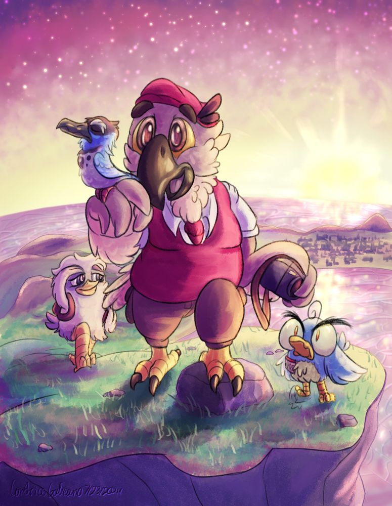 An island cliff side that overviews the whole place, surrounded by ocean during a pink sunrise while the stars are still visible. 4 Birds of various sizes and species are at the top. One in a vest holding a camera in one hand and letting a small blue bird perch on their wing hand. Another blue bird of larger and rounder build standing on the side looking very irritated and angry. while a white bird following up behind taking in the view. The ocean is sparkling with reflective sunlight as it rises over the horizon, giving the water a pinkish-purple hue with slight blue sprinkled about.