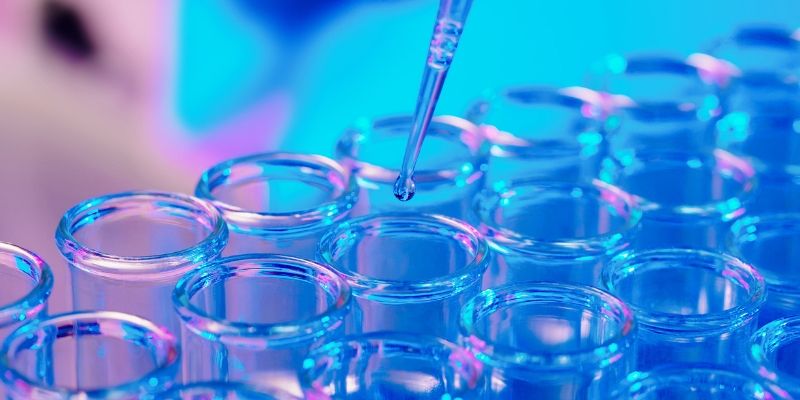Pipette drips a liquid into test tubes