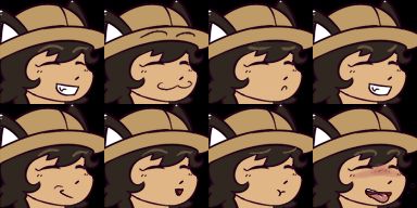 Face graphics featuring Mallory, a tan-skinned nekomimi (catgirl) with black hair and fur. She's wearing a safari hat and has her eyes shut in all eight variations.
Top Row (from left to right): Grinning face; smug cat face; pouty face; more aggressive grinning face.
Bottom Row: Unamused lopsided 'smile'; cute tiny open-mouthed smile; pouty face but with puffy cheek; burping face with tongue out.