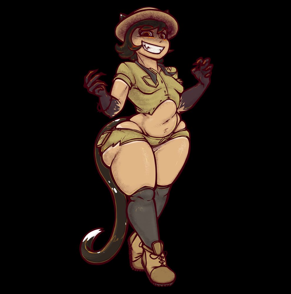 A nekomimi (catgirl) with black hair and black fur (with white spots on her ears and tail). She is wearing a safari hat, as well as a matching khaki button-up shirt and pants, an undone dark-grey neckerchief, dark-grey thighhighs, and brown steel-toed shoes. Her outfit looks very well-worn and somewhat dirty. She is stalking toward the viewer in an unnatural and menacing manner. Her hands are raised and her fingers are curled into claw shapes. Her arms are covered in a dark substance -possibly blood- from the elbows up. The lighting on her hands, fur, and hair is crimson. Her eyes are in shadow, but they are gleaming red and gold. Her pupils are gigantic. She has her head tilted back and is grinning toothily at the viewer.