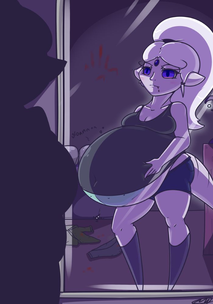 An alien woman with pale skin somewhere between lavender and lilac is standing in front of a mirror in a dark room. She has a large white ponytail and is wearing a dark grey camisole, navy blue shorts, and light navy blue stockings. Her legs end in points rather than feet. A ridged reptilian tail extends from her backside, and her ears are broad and downturned. A dark blue jewel sits on her forehead. Her eyes are a deep bluish-purple and, in this image specifically, are eerily flat, with little reflection. She is holding her very large, groaning belly, which is mostly covered by her camisole. The lower portion that is visible is a different colour from the rest of her skin (sea-green), and has little bumps and spikes on it. Discarded men's clothes are strewn in the background, and there is blood on the floor and on the woman's face, as well as on the mirror in the shape of a handprint. 