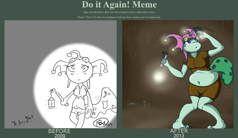 A Do it Again Meme. The description reads: "Take an old piece you love/used to love, and redo it now. Done? Now it's time to compare and see how much you've improved."
The 'before' pic is from 2009, and the 'after' is from 2013. The before pic is from a 100 themes challenge and is labeled '3. Light.' It features a surreal looking fairy-esque woman with glowing lights on her head and a bizarre tail with holes in it. The after pic is described in detail in the next image.