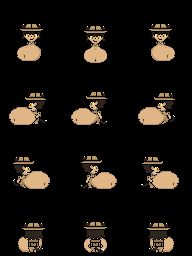 An RPGmaker sprite sheet featuring a nekomimi (catgirl) with black hair and fur, a safari hat, and khaki clothes. The sheet features her with an enormous belly. It shows her from four angles, with a simple walk cycle for each angle.