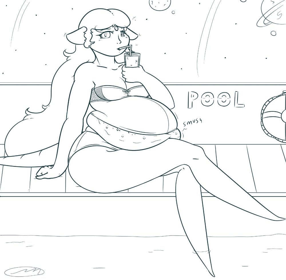 The same woman as in the first image is sitting on the deck of an indoor pool, sipping a drink from a straw. Her hair is undone and flowing down to the floor, and she looks much more alert, shy, and nervous than before. She is wearing a two piece swimsuit, the top of which is low-cut and has fishnets at the sides of its upper half. the lower part of her swimsuit top is covering half of her large belly, which is smushing against her crossed legs. bumps and small fleshy spikes are visible on the lower part of her belly. She has one 'foot' in the water, but shows no signs of wanting to get in. Behind the pool window, outer space is visible, indicating that this pool is located on a space station.