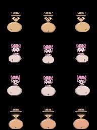 A sprite sheet featuring two catgirls with large bellies. The top row features Mallory, a tan-skinned woman with black hair and fur. She wears a safari hat and a khaki button-up shirt. The sprites in this row are a 'walk cycle' of her belly wobbling. 
The second and third rows feature Abby, a shortstack with pink hair, fur, and eyes. She is wearing a pink diagonal cut shirt. Her belly is large in the second row, and larger in the third row, and she is making a stereotypical cat face in both. The fourth row features Mallory, but with her eyes in shadow, breathing heavily as her huge belly rises and falls.