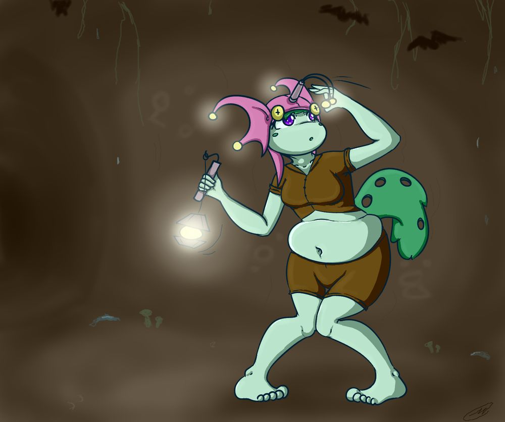 A green-skinned woman is spelunking in a dirt cave. She has dark green hair and purple eyes, and two green blush circles are on her cheeks. She is wearing pink headgear with lights attached to it. The headgear resembles some sort of bioluminescent monster. She is also holding a lantern on a stick. She is dressed in a brown button-up canvas shirt and shorts, and she is barefoot. She has a disproportionately plump muffin top. her tail is fluffy and thick, with bizarre holes in it. She is crouching a bit and raising a hand over her head as she watches some bats fly by.