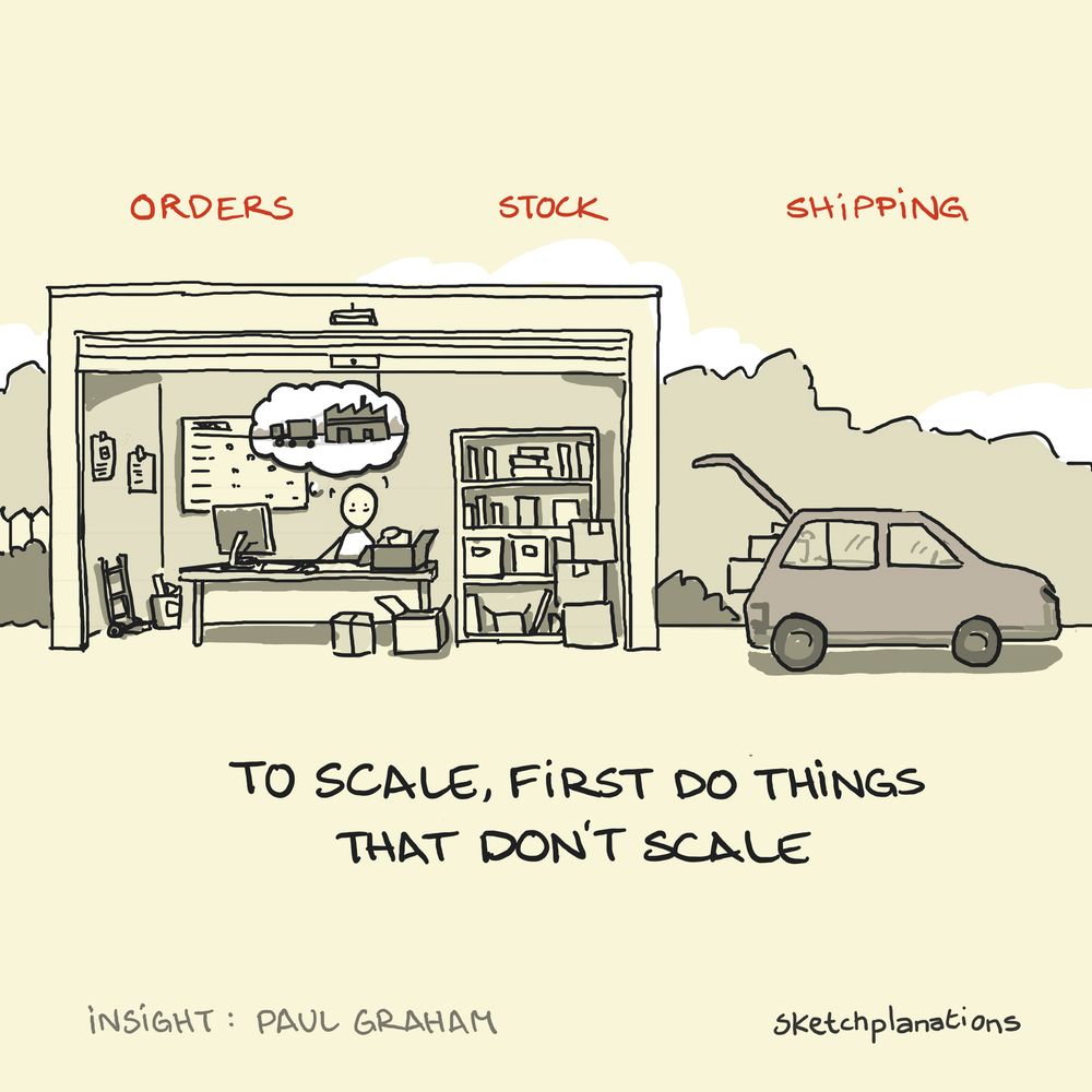 To scale, you first have to do things that don't scale, advice from Paul Graham and Brian Chesky of AirBnB for scaling companies shown with a founder packing boxes themselves like Jeff Bezos of Amazon