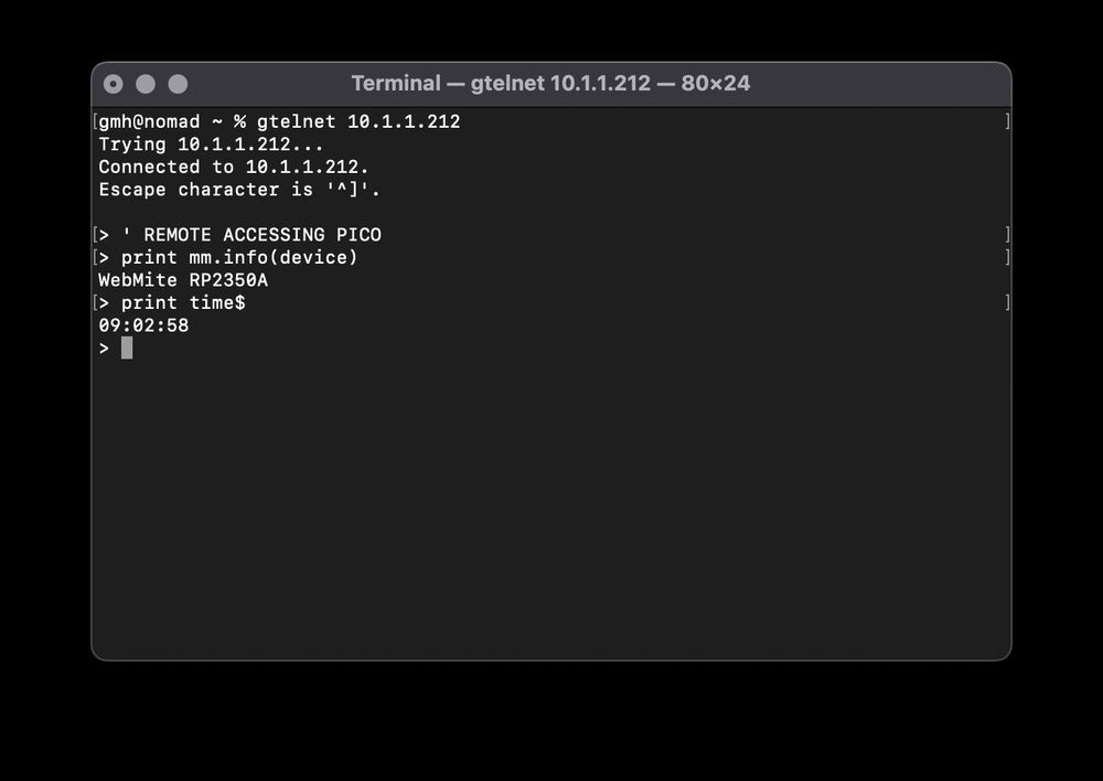 Remote access to a Raspberry Pi Pico 2 W running MMBasic via the WebMite (Picomite) firmware