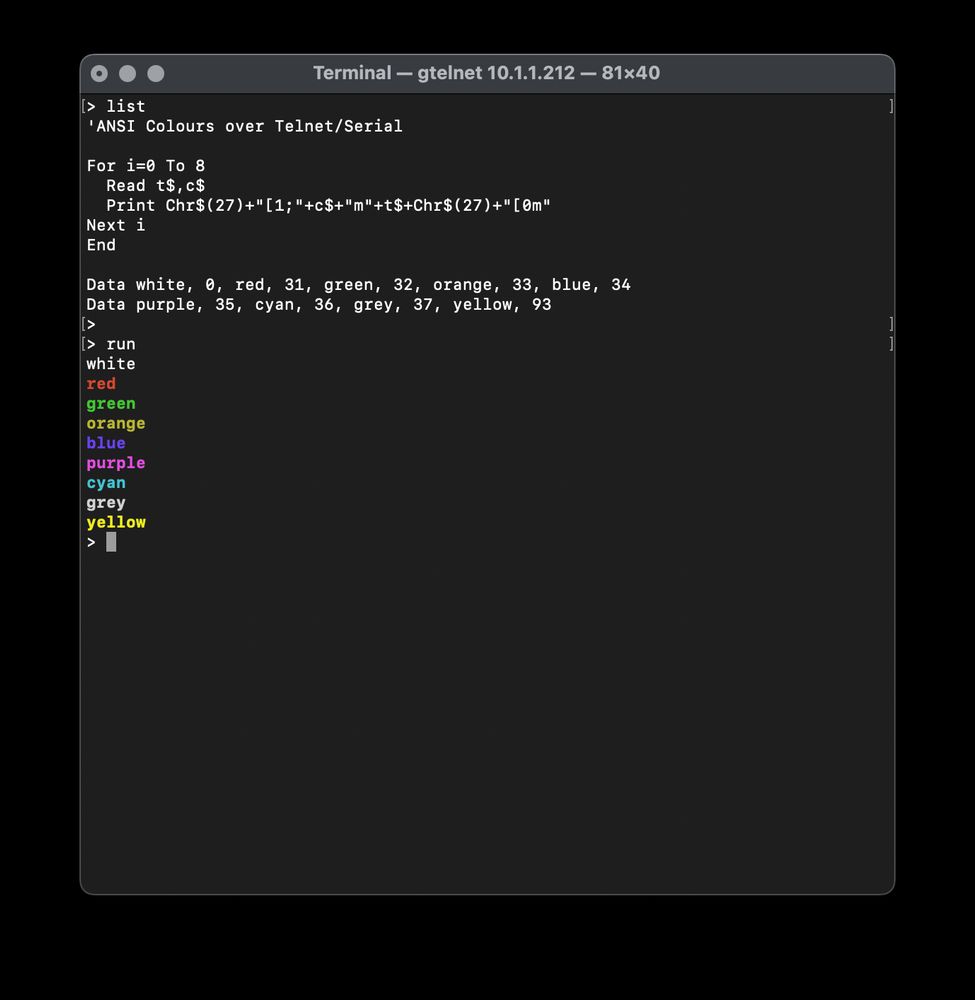 WebMite (PicoMite) MMBasic code to generate colour over telnet/serial on a Raspberry Pi Pico / Pico 2.