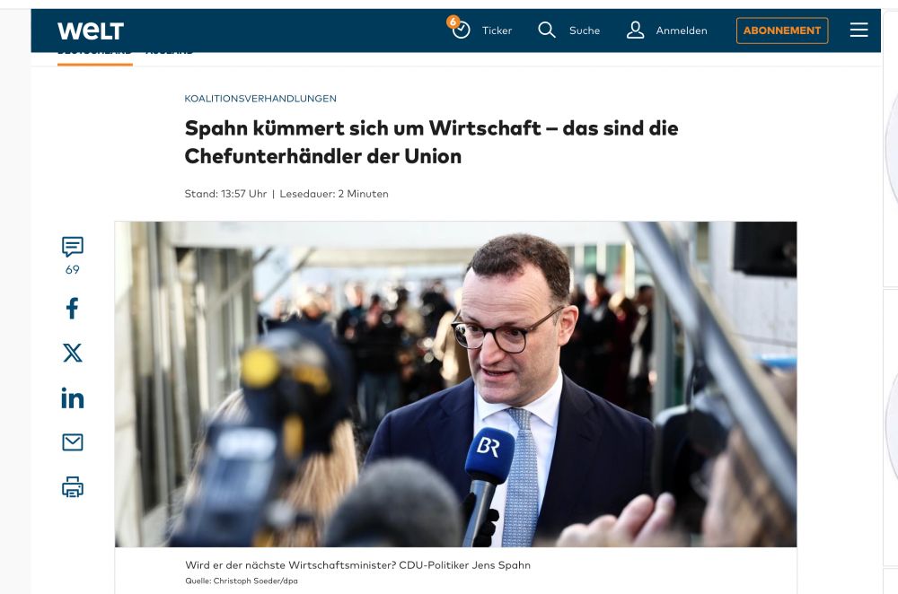 Screenshot Die Welt: Spahn kümmert sich um Wirtschaft. Das sind die Chefunterhändler der Union