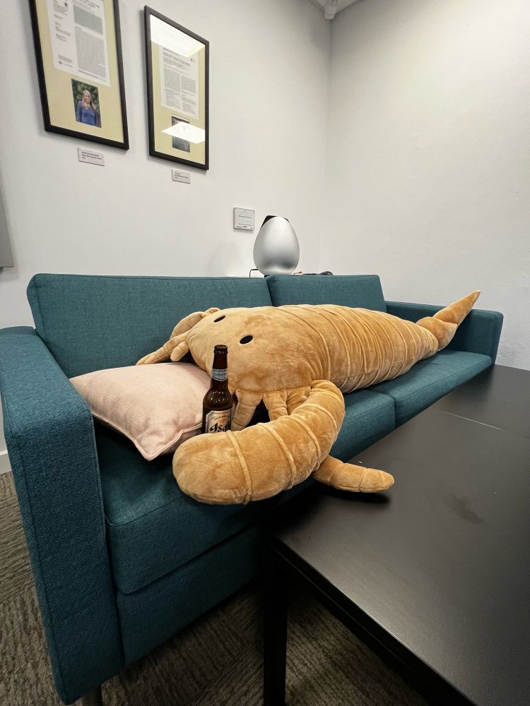 Clarence chills out on a two seater sofa. This isn’t my sofa, but it does capture his full magnificence. He is so large his tail drapes the armrest. He also has a beer “in hand”, because he cannot be contained.