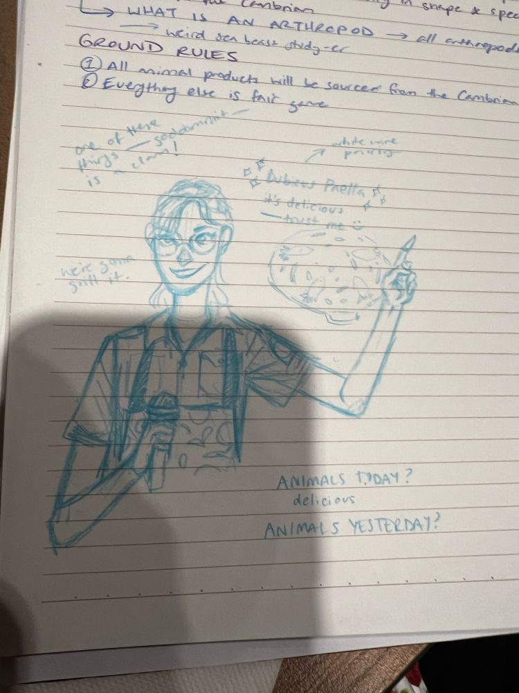 A lovely drawing of me presenting my silly Pint of Science talk, via Jack Fletcher (my student 🥺🥺). A lady sketched in blue in a ponytail, field gear and an apron is saying sassy things about the consumption of ancient bug meat.