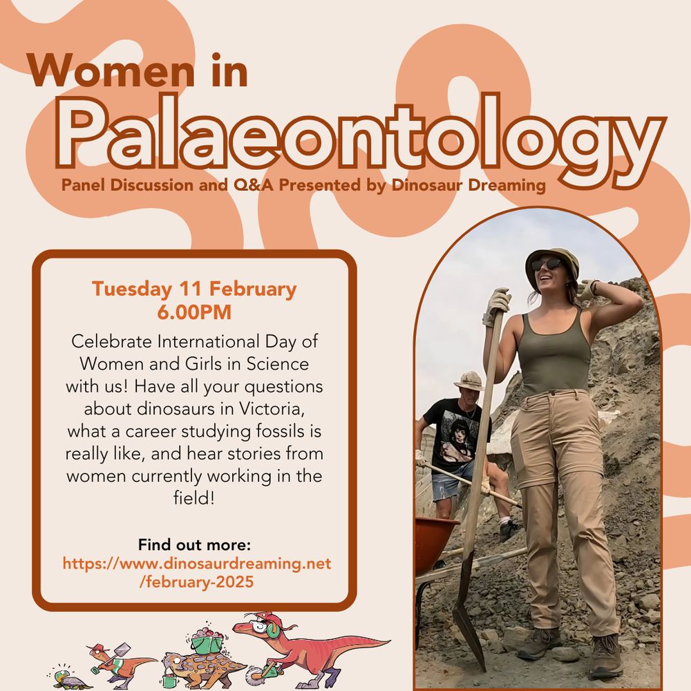 A flyer for the Women in Palaeontology panel, organized by Sally Hurst. The flyer contains an image of Sally and many cartoon dinos by Zev Landes