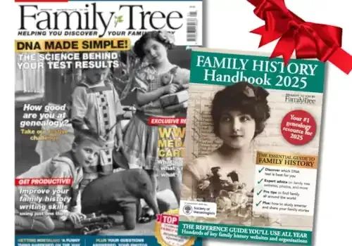 Cover of Family Tree magazine, showing a black & white photo of a family playing with a toy elephant. The headline reads "DNA made simple!" Cover of the Family History Handbook 2025 with a vintage bridal photo.