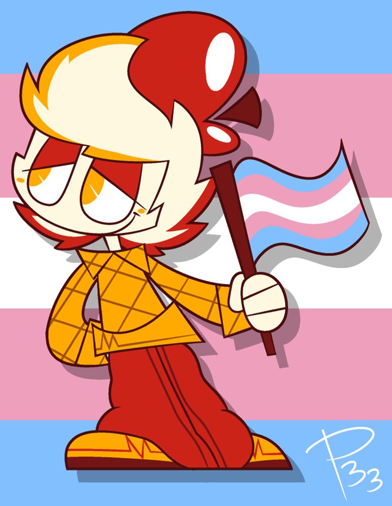Mersky, Merksia’s trans twin brother, holds up a trans pride flag in support of trans rights.