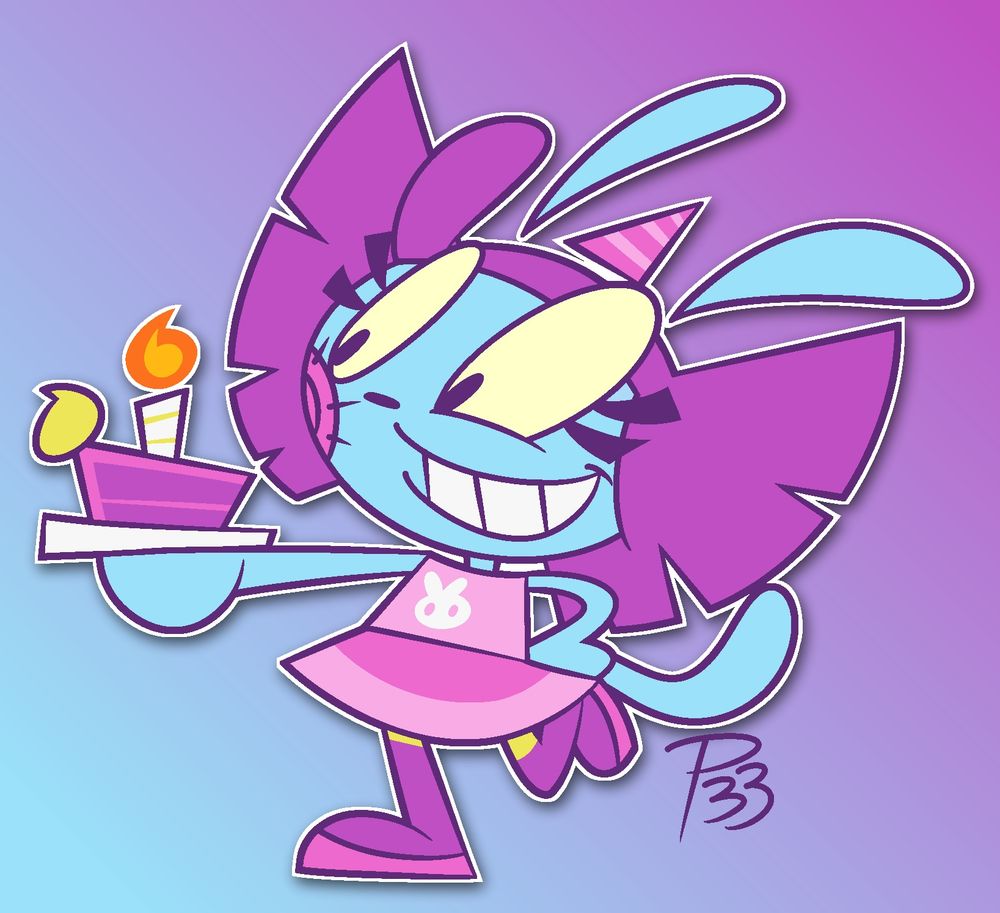 Lemino holding a birthday cake slice.