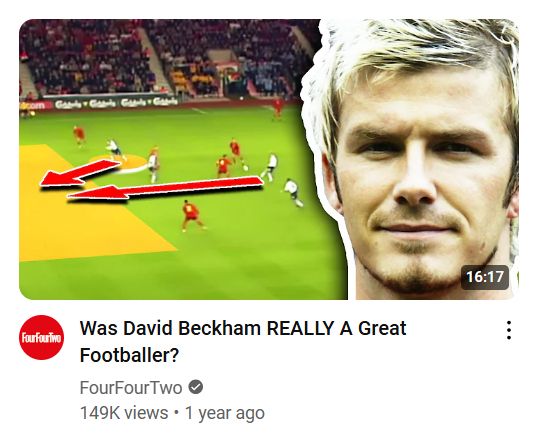 Screenshot of a Youtube thumbnail asking if David Beckham was actually a great footballer.