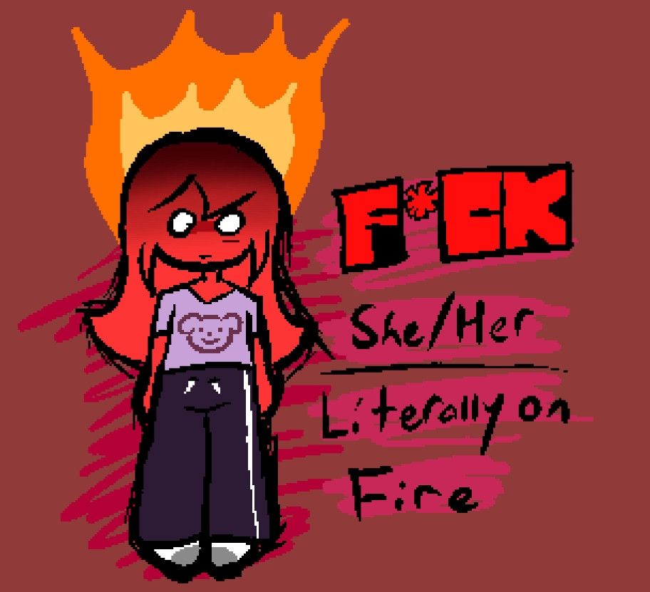 A girl with red skin who's head is on fire
