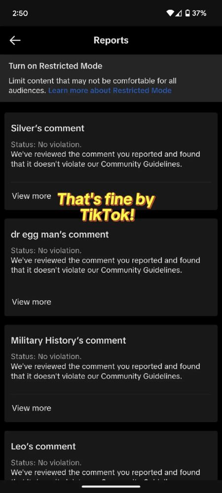 Caption: "That's fine by TikTok!" Above "no violation" messages for the previous comments