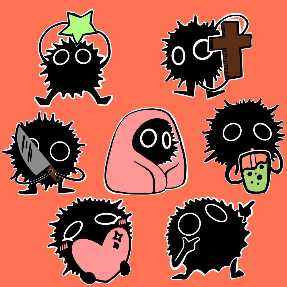 Seven Soot Spite Emojis: One holds a star, one holds a cross, one holds a knife, one is in a blanket, one is sipping Boba, one is blushing and holding a heart, and the last is doing finger-guns.