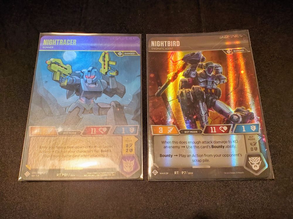 An image of two foil promo cards from the Transformers TCG: an alt-arts version of the Wave 5 super rare Transformers Nightracer, and a Wave 3 Nightbird