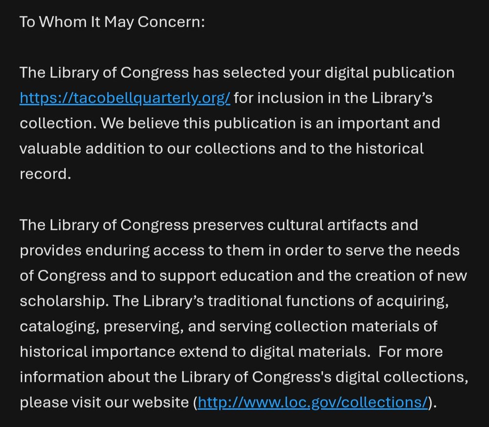 An email stating the Taco Bell Quarterly has been added to the Library of Congress