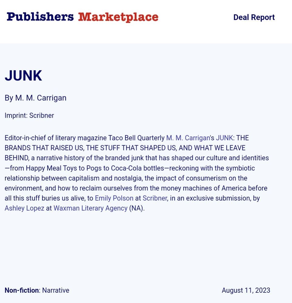 A publishers marketplace book deal announcement from 2023 for a book about junk