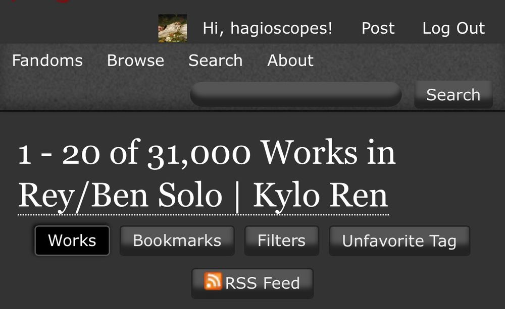 a screenshot of the rey/ben solo | kylo ren archive on ao3 showing that there are now 31,000 works posted for the pairing 