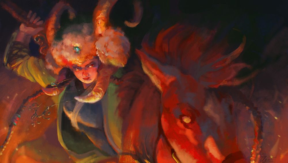Zhaya(the character) galloping through flames as she prepares to strike