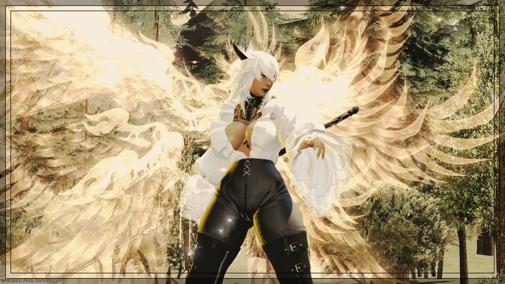 A woman holding a polearm standing in the middle of sun-bleached woods. She's got big scary wings and funny horns. It's my wol 