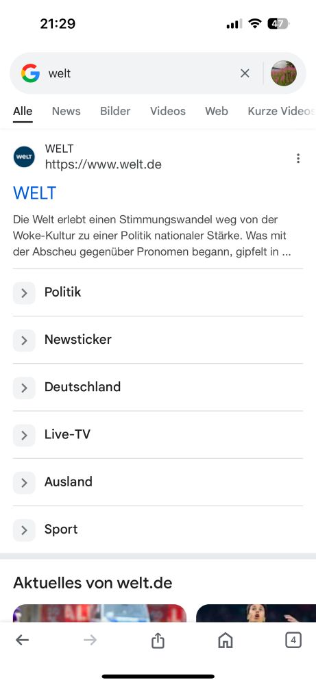 Screenshot einer Suchergebnisseite von Google zu Welt. Als Beschreibung steht dort: „Die Welt erlebt einen Stimmungswandel weg von der Woke-Kultzr zu einer Politik nationaler Stärke, was mit der Abscheu gegenüber Pronomen begann, gipfelt in …“ Danach ist der Satz abgebrochen.