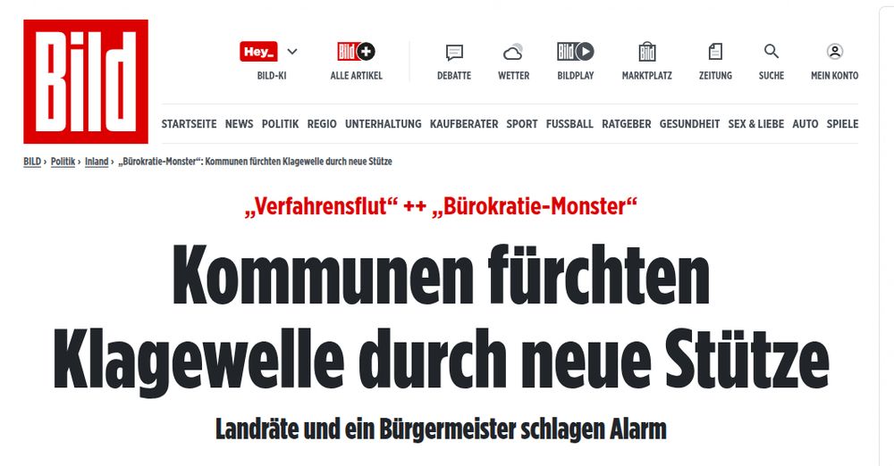 Screenshot eines Artikels der Bild-Zeitung mit der Überschrift: „Kommunen fürchten Klagewelle durch neue Stütze“. Darüber in Rot: „Verfahrensflut“ ++ „Bürokratie-Monster“. Unter der Überschrift steht: „Landräte und ein Bürgermeister schlagen Alarm“. Oben ist das Bild-Logo und die Navigationsleiste der Website zu sehen.