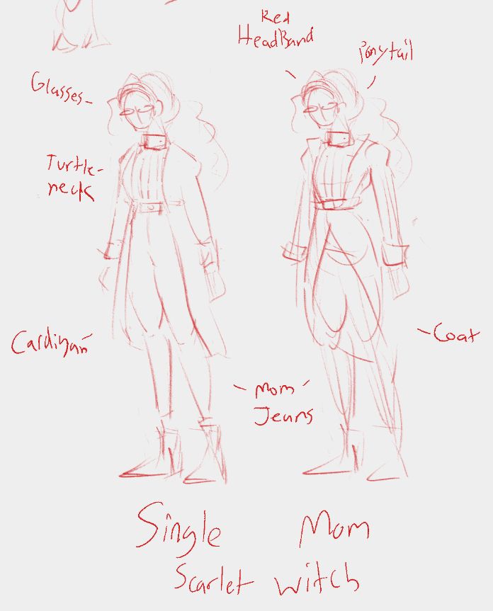 casual clothes scarlet witch sketches

i think the cardigan conveys the single mom vibes better but i think a proper coat would be closer to her default silhouette 