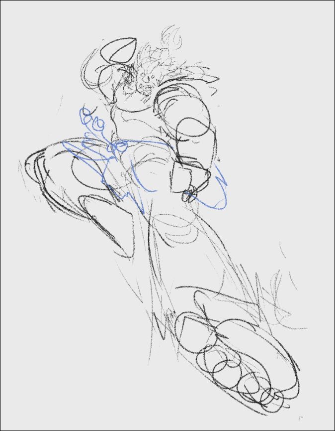 sketch of sf6 akuma doing his divekick towards the viewer