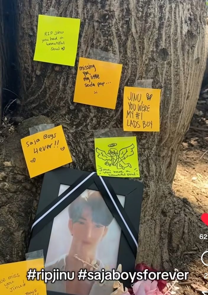 A picture of jinu surrounded by post stick notes. At the bottom of the screen it says ripjinu saja boys forever