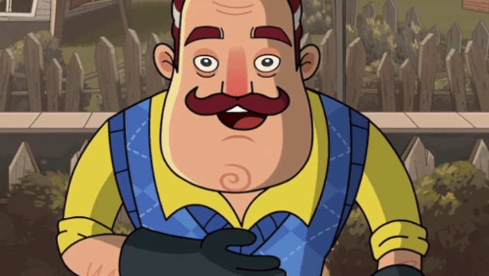 a cartoon of a man with a mustache wearing a yellow shirt and blue vest