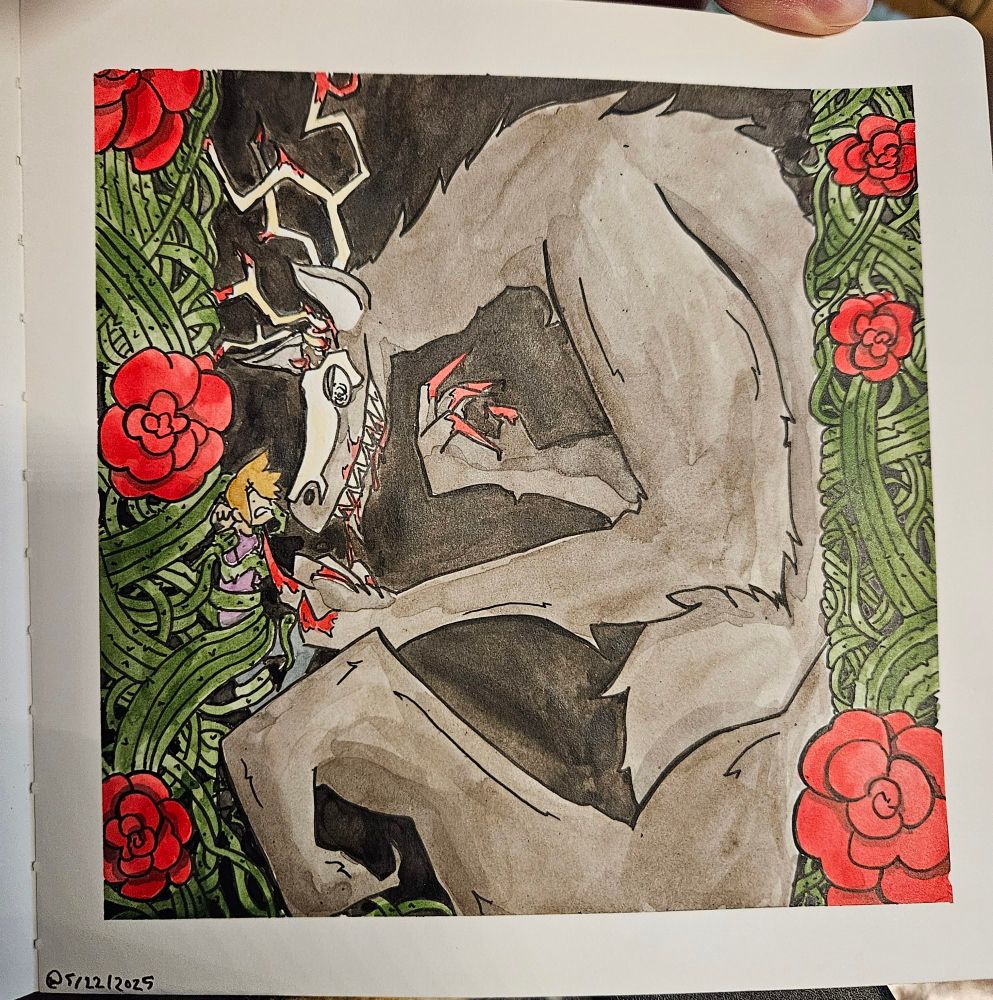 Large roses and masses of thorns line the sides of the page in columns, inbetween them a boy is being engulfed the vines as a large horned monster with vicious teeth and blood covered claws reaches for his face. 