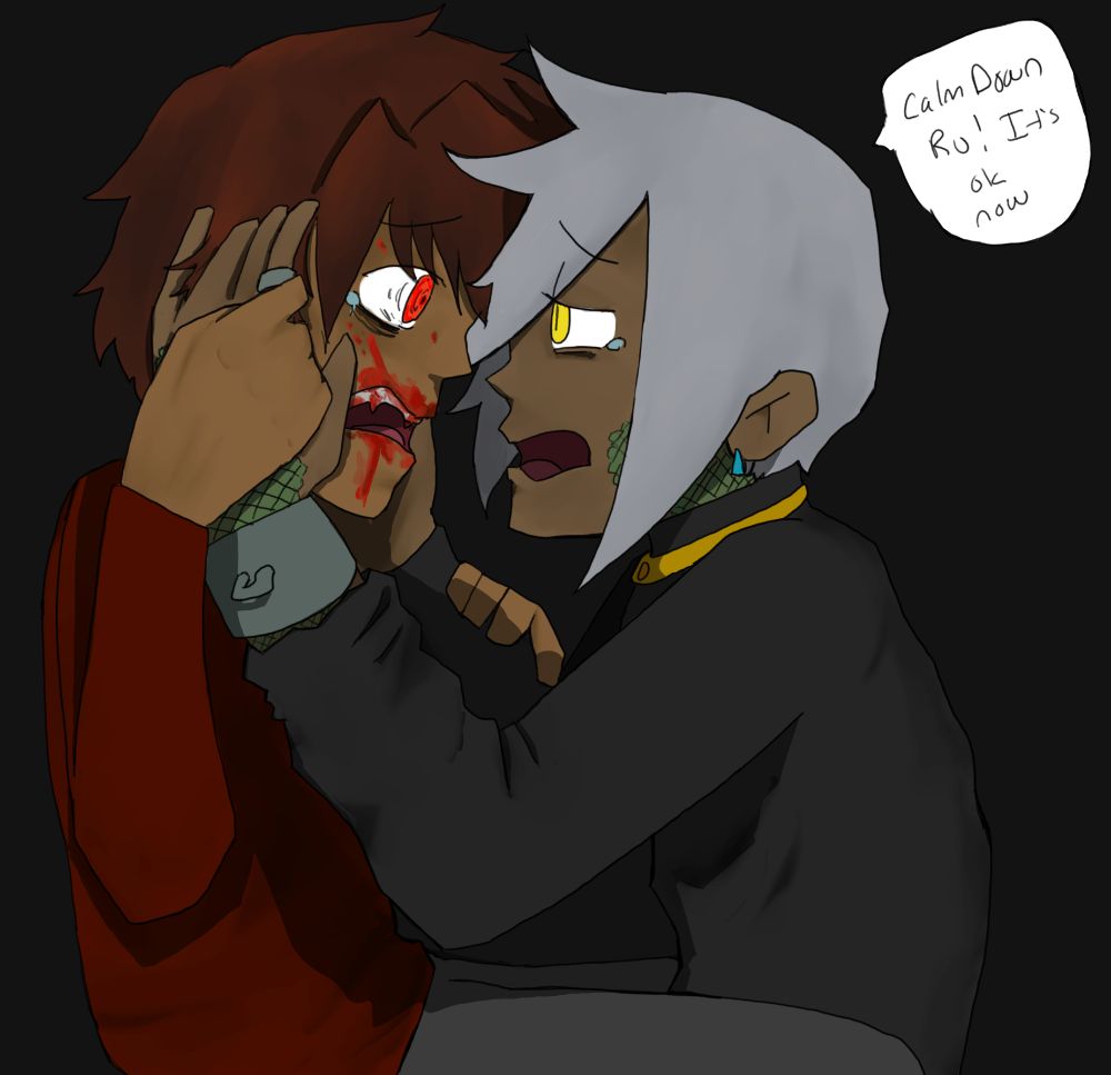 Ruen was breathing heavily, the taste of blood on his tongue, eyes not really seeing what was in front of him. Monster. That's what he was, He'd bitten someone who hadn't given permission and now he just was the monster so many people already accused him of being. Cool hands grasped the sides of his face and he reached up to pull them away. His fingers found smooth scales and he calmed a bit. His ears started hearing again. Rivin was gripping his face, Rivin's forehead pressed against his. "calm down Ru! It's ok now" Rivin's voice was firm and comforting. Ruen's breathing started to slow finally, Rivin's presence helping him start to calm down. 