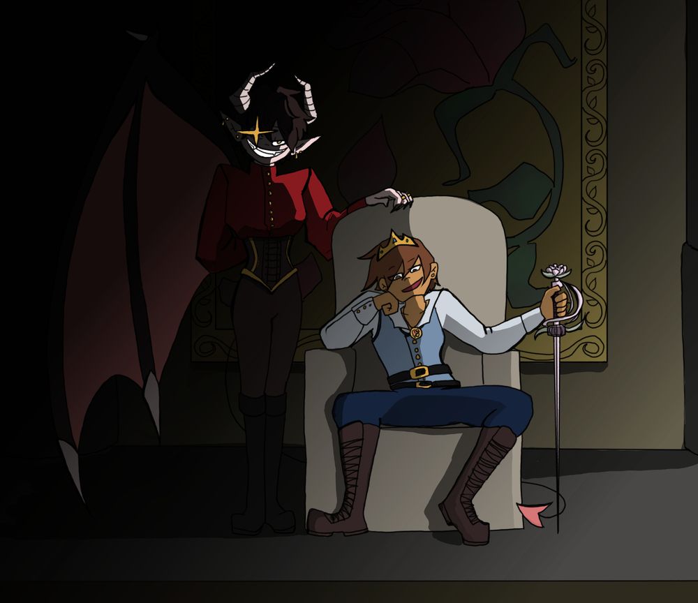 Alva stands behind a throne, one demons wing extended but hidden in shadows. His eye shines and he's smiling menacingly. Cara sits on the throne, legs wide, head cocked to the side and leaned on her fist looking smug. Her other hand grips an ornate sword hilt.