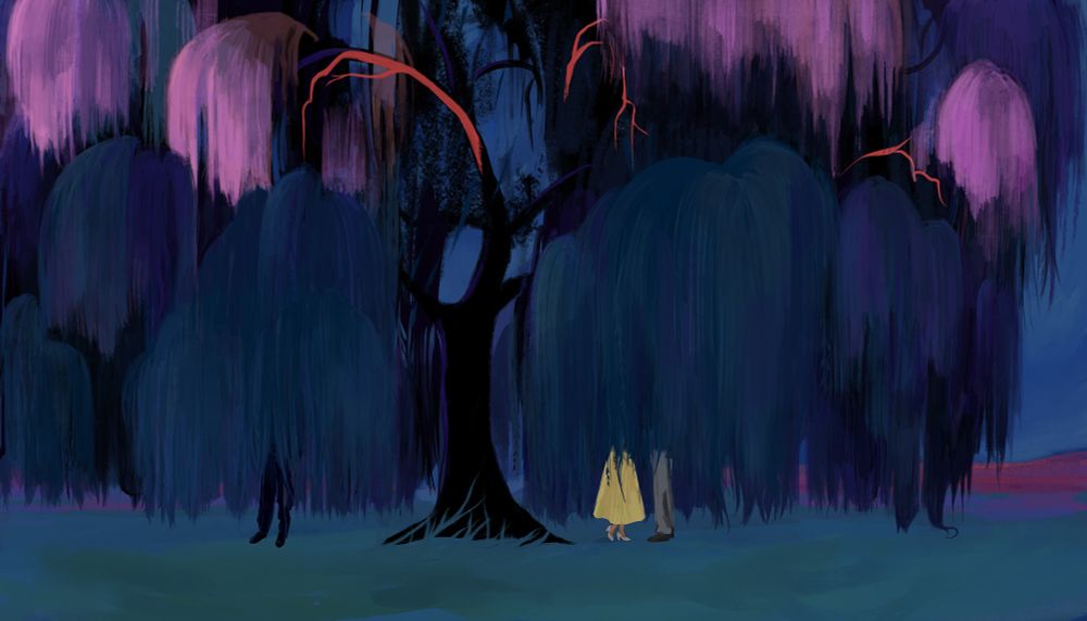 Illustration inspired by the movie East of Eden. Showing a willow tree and three people underneath. 