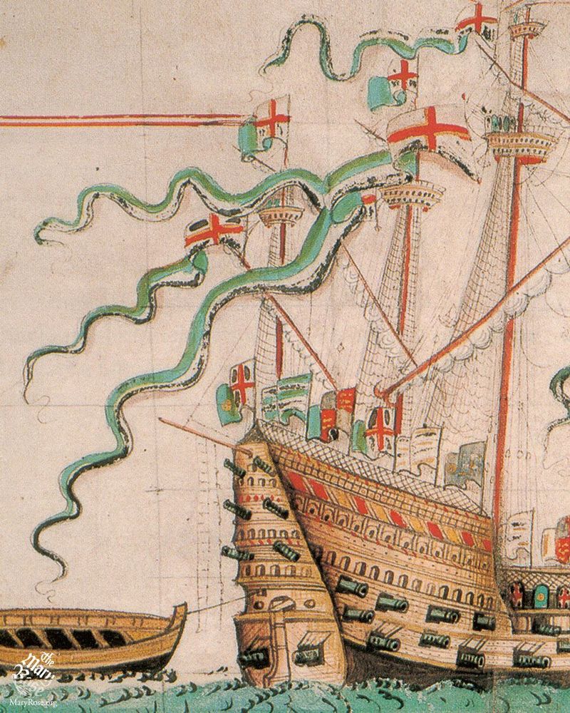 A detail from the Anthony Roll, a Tudor depiction of all the ships in Henry VIII's navy circa 1545, showing the long flags on the Mary Rose.
