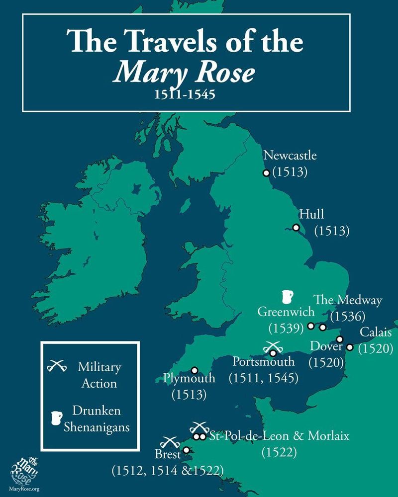A map of the United Kingdom (Not that it was called that then, but it makes it easier to describe the map) and the coast of France showing all the places the Mary Rose went to., the most northerly being Newcastle. Some, such as Brest, St-Pol-de-leon & Morlaix, as well as Portmsouth, have sword symbols showing that military action took place. Greenwich has a tankard as the crew got drunk and attacked a merchant vessel there. We'll talk abut that in a later post...